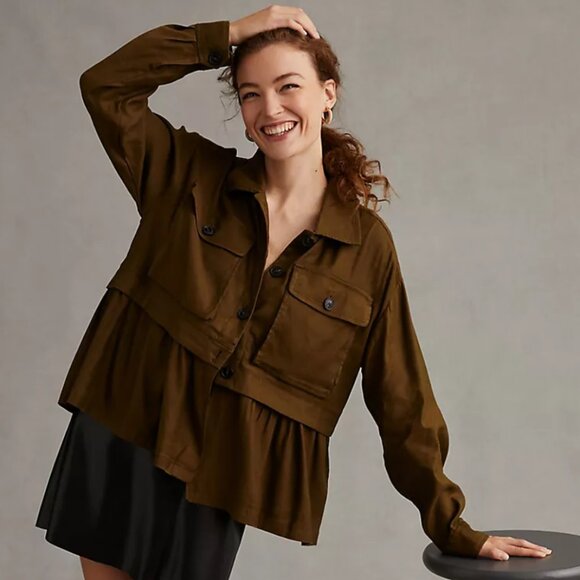 Anthropologie Maeve Utility Flounced Shirt Jacket Top Peplum Cargo Pockets Olive - Picture 10 of 10